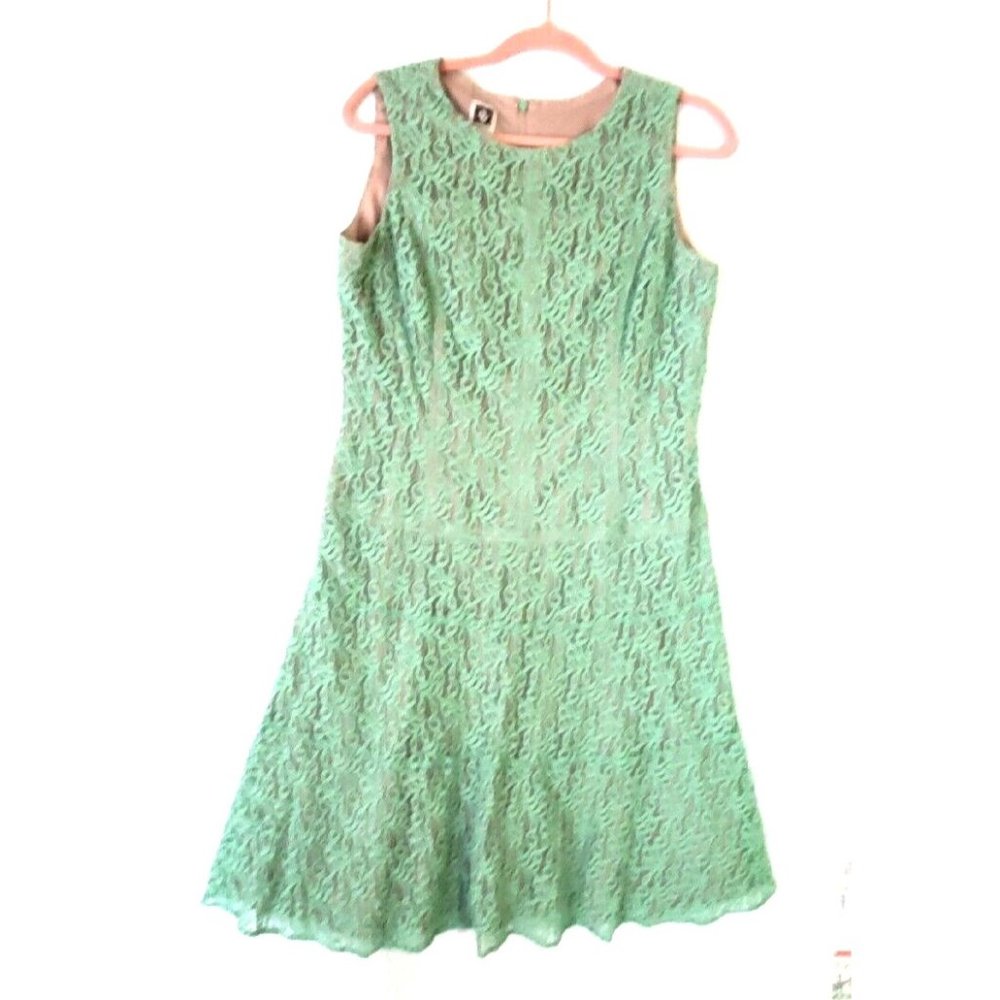 Anne Klein	Light Green Lace Cotton Sheath Sleeveless Dress Size 10